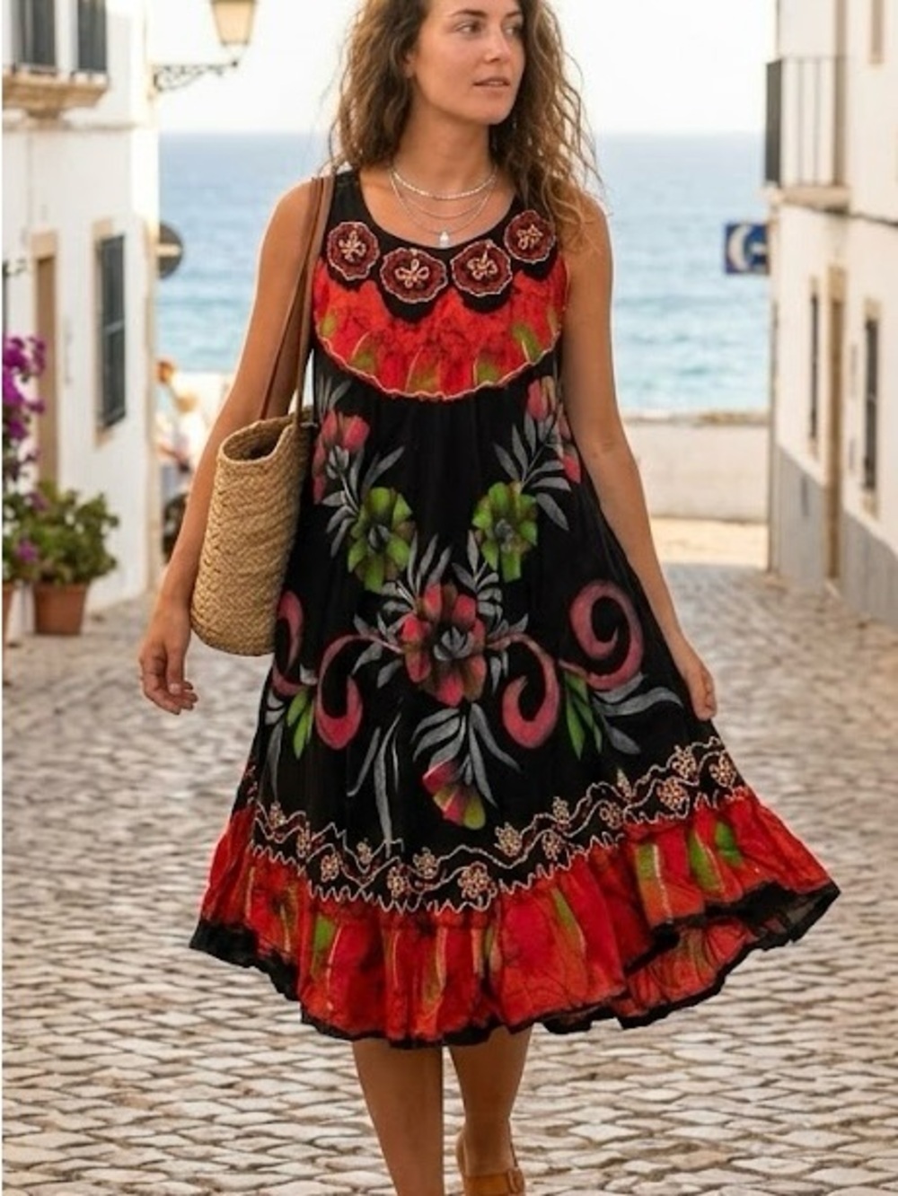 TisSaia France Crinkle Boho Dress XL/XXL | Batik Floral Artsy Lagenlook Gypsy